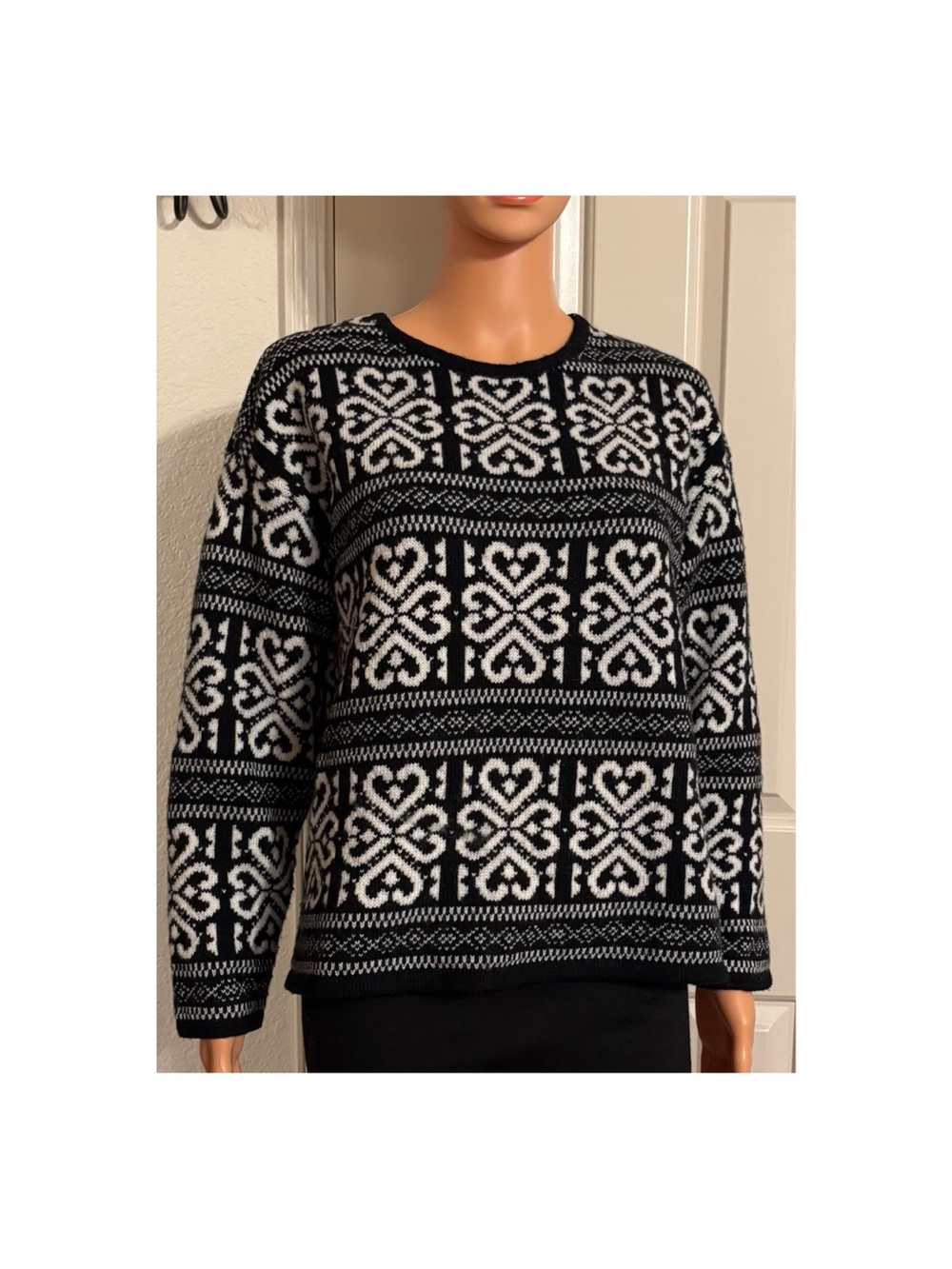 J. Jill Black and White Fair Isle Crewneck Sweater